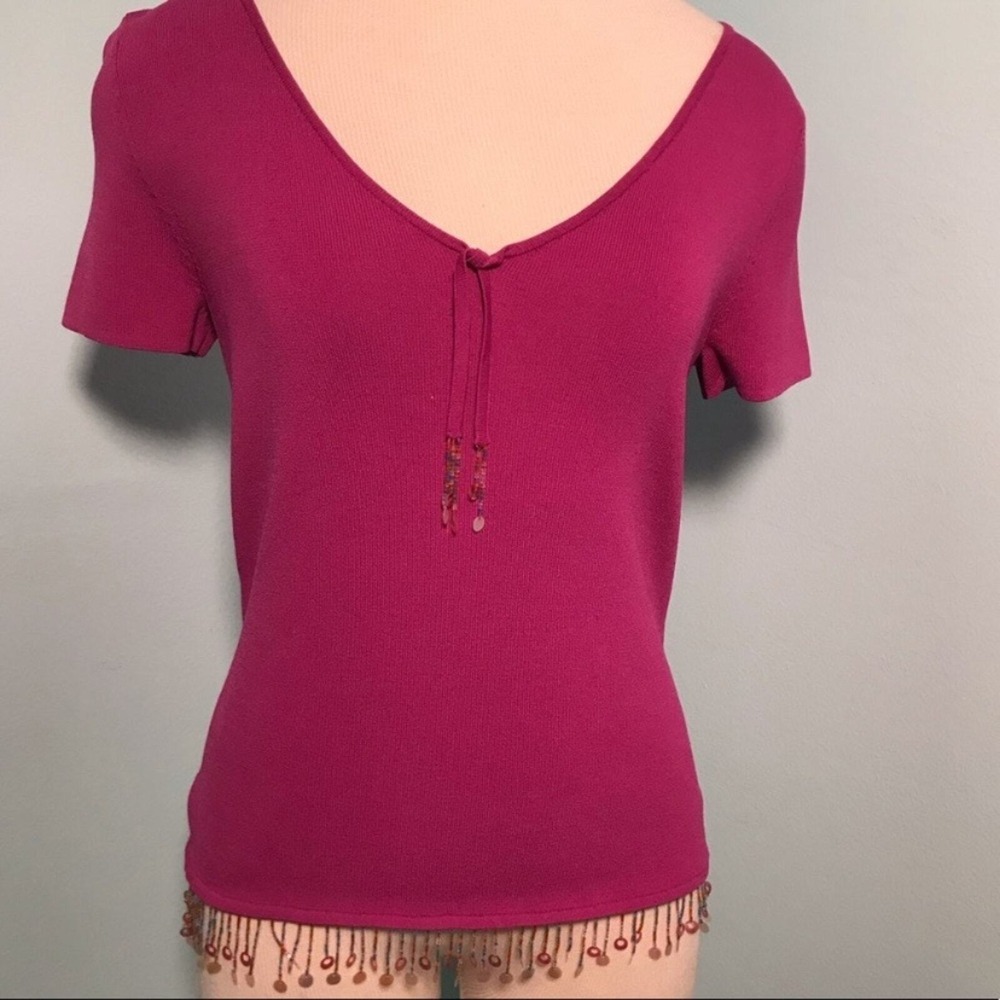 Susan Lewis Beaded Fringe Knit Top Womens Size S Magenta Y2K Boho Viscose Pink